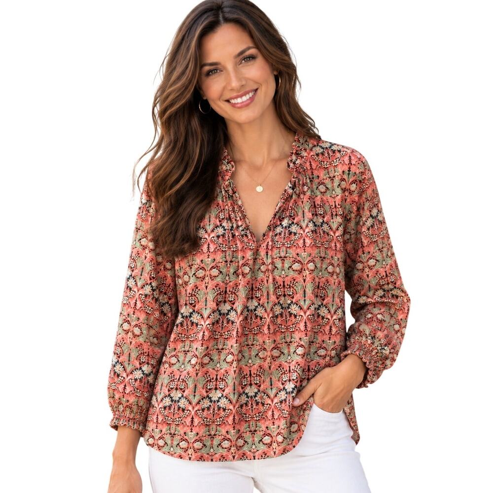 J. Crew x Liberty Scalloped Tie Neck Top Womens Large May Nouveau Print Blouse